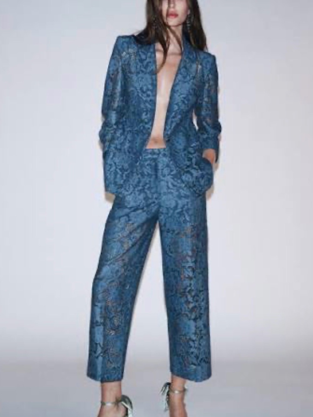 Women's Blue Lace Blazer Jacket and 3/4 length Matching Pant Suit